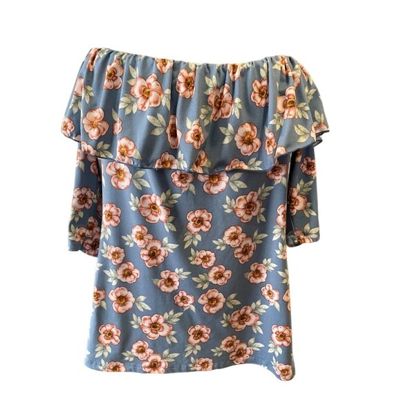 plus size ruffle neck off the shoulder USA made 2X floral print 1/2 sleeve top - Picture 3 of 7